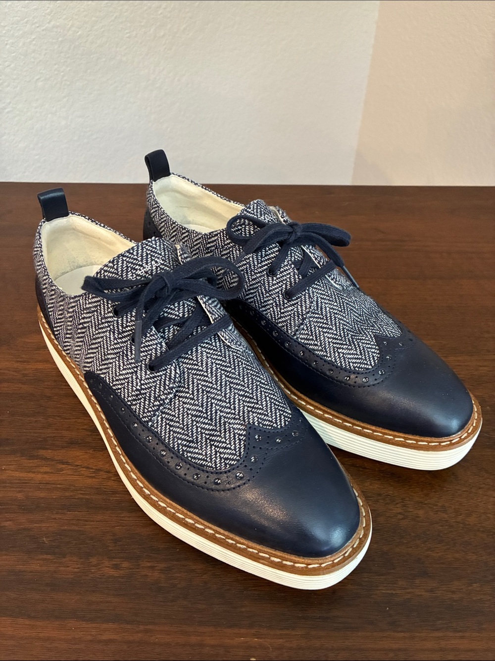Cole Haan Navy Herringbone Wingtip Oxfords